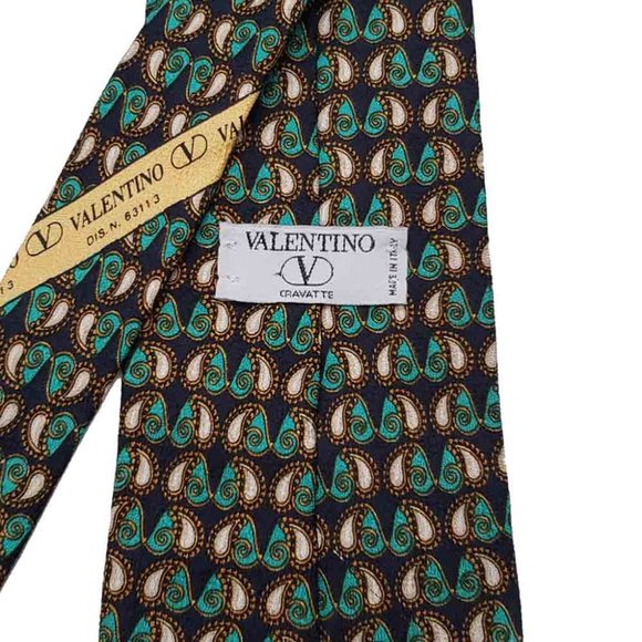 Vintage Valentino Italian Silk Tie Navy Blue Green Gold Men's - Picture 2 of 2